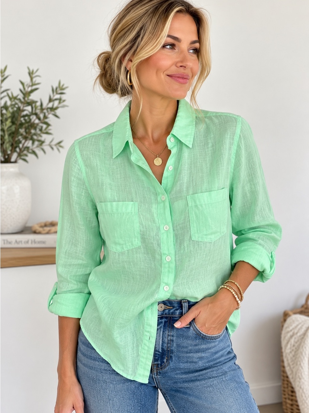 Lilly Pulitzer 100% Linen Mint Green Button Down Shirt Size S